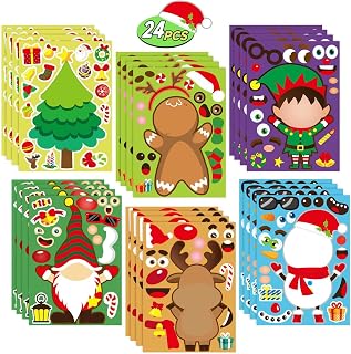 24 Sheets Christmas Party Games Sticker, Make Your Own Gnome Gingerbread Man Snowman Reindeer Face Christmas Character Stickers, Mix and Match Sticker Sheets Christmas Crafts Activities Sticker for Kids Boys Girls Winter Holiday Christmas Party Favors