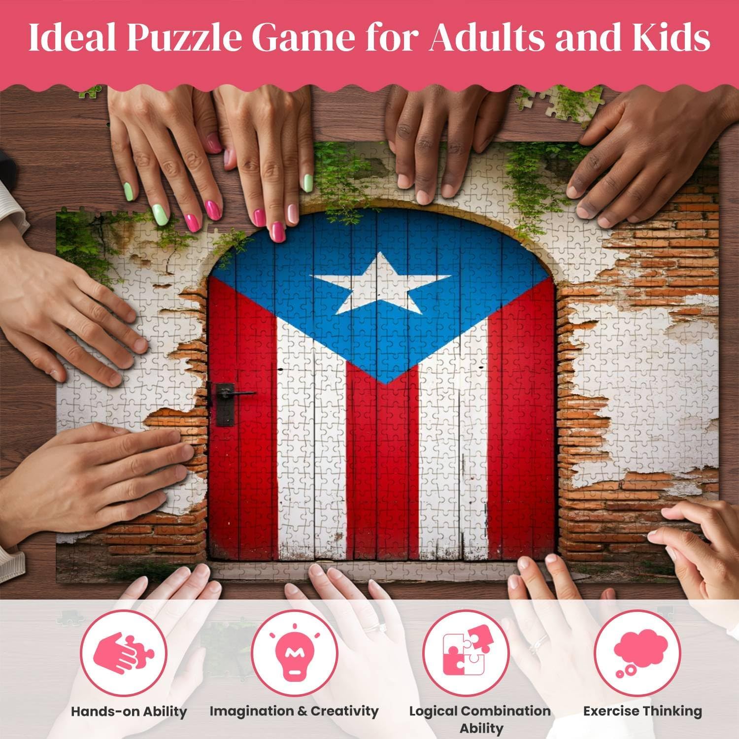 1000 Pieces Wooden Jigsaw Puzzle Door of Ruined House in San Juan Puerto Rico Colorful Island Fun and Challenging Board Puzzles for Adult Kids Large DIY Educational Game Toys Gift Home Decor