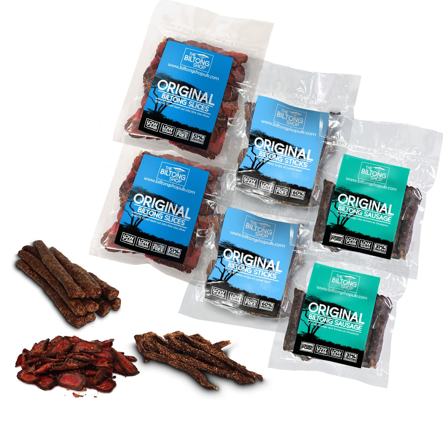 THE BILTONG SHOP - 6 x 58g Bags Ultimate Original Selection British Beef Biltong Slices Sticks and Droewors Sausage. High Protein Savoury Low Carb Snack
