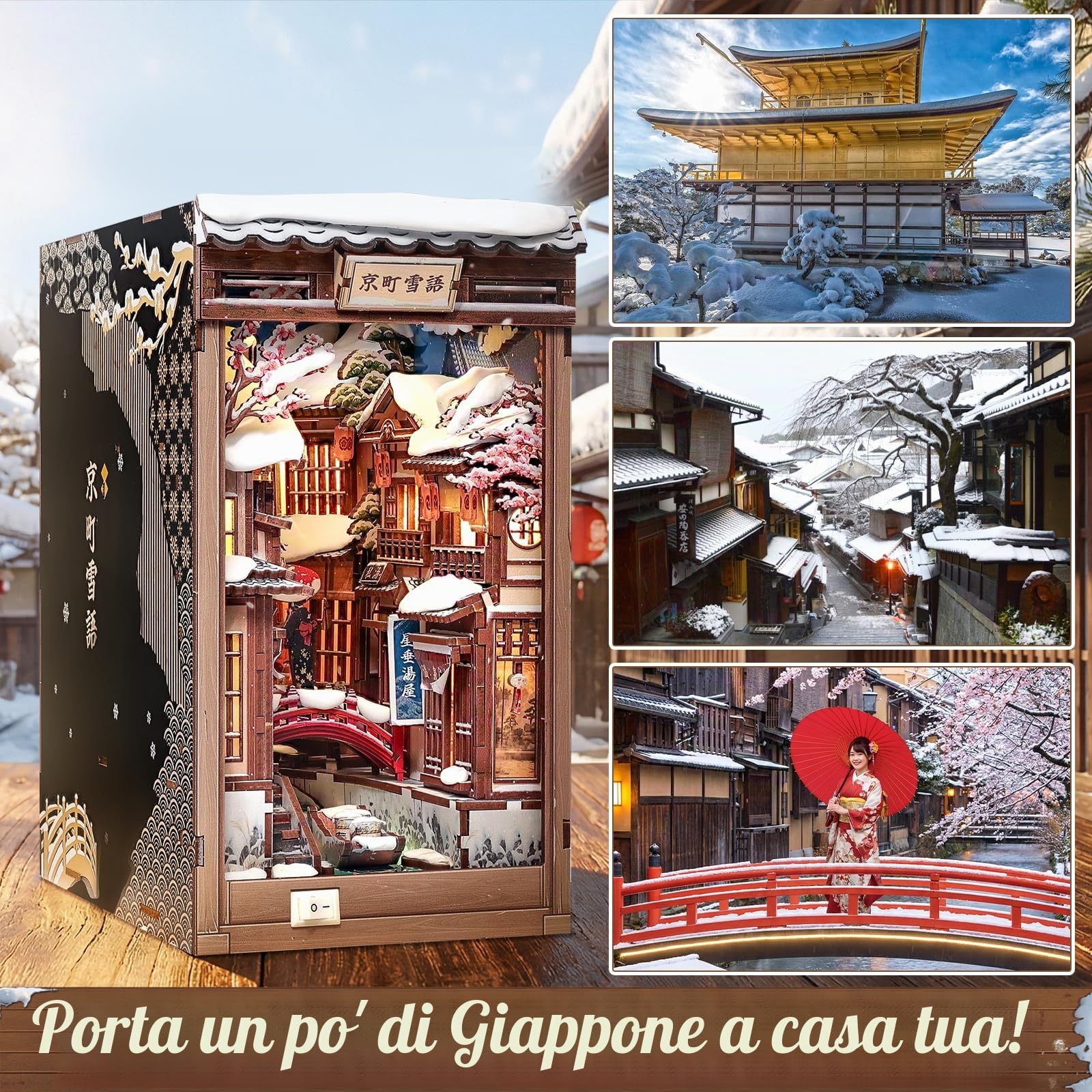 CUTEBEE Book Nook Kit - Casa delle bambole fai da te da costruire per adulti, puzzle 3D in legno con LED, scena invernale a Kyoto, decorazione per biblioteca, regali fatti a mano (Kyoto Snow Whisper)
