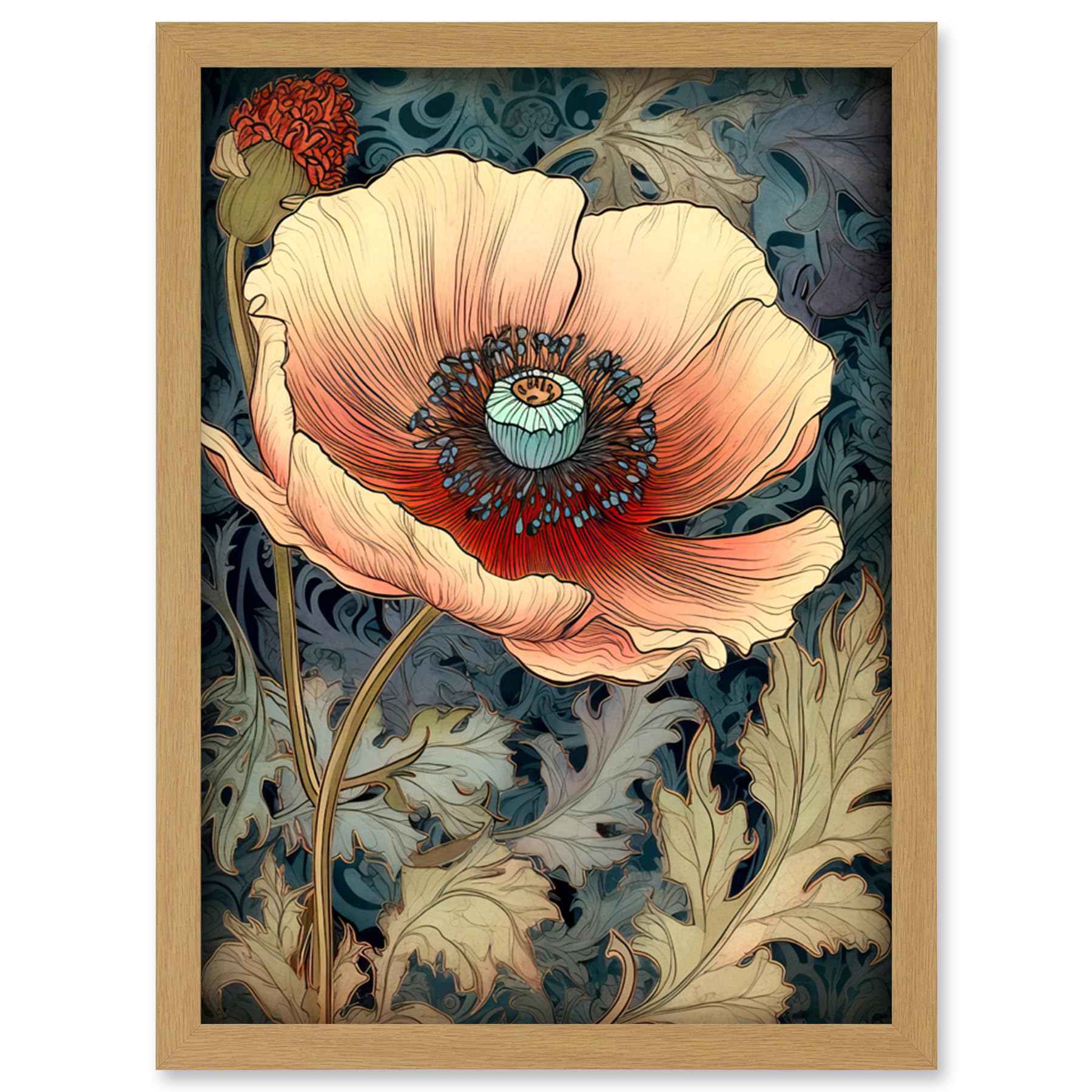 Artery8 William Morris Style Peach Anemone Flower Bloom Artwork Framed Wall Art Print A4