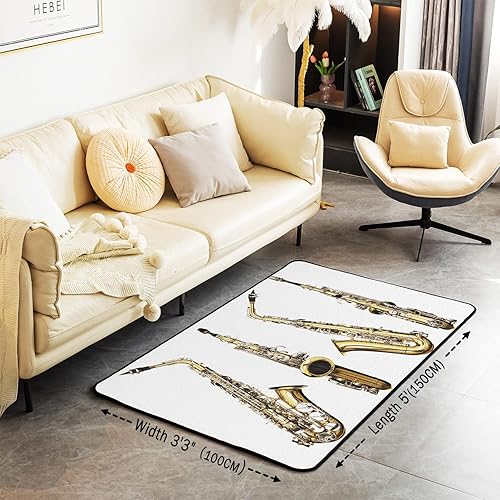 Miniatura 3 de Alfombra de saxofón de 5 x 7 pies para niños, alfombra de música de jazz para sala de estar, dormitorio, con parte trasera, instrumento musical