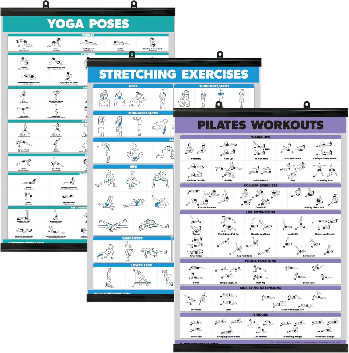 Palace Learning QUICKFIT 3 Pack - Yoga Poses + Stretching Exercises + Pilates Mat Work Poster Set - Set of 3 Workout Charts (with Plastic Frame, 18" x 24")