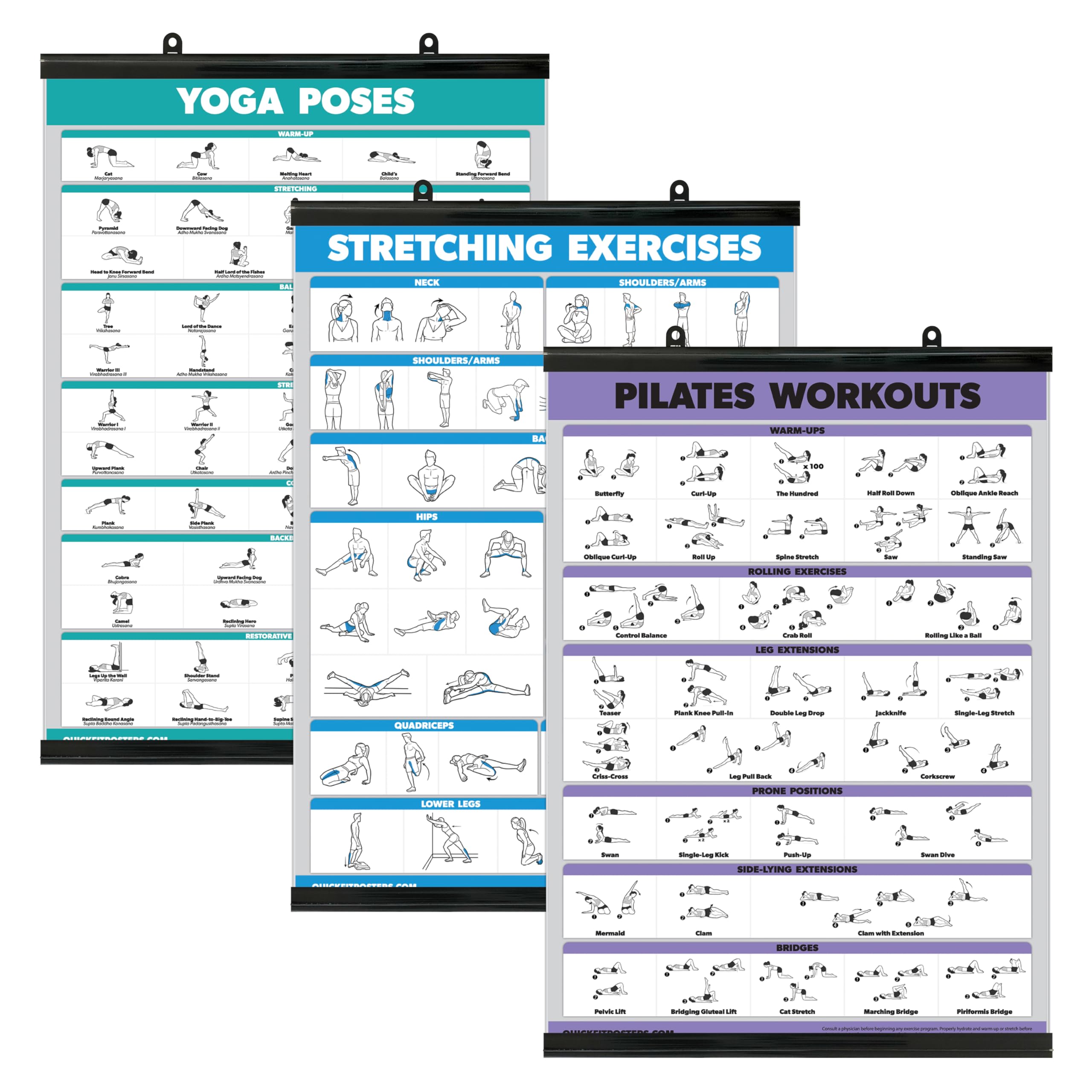 Palace Learning QUICKFIT 3 Pack - Yoga Poses + Stretching Exercises + Pilates Mat Work Poster Set - Set of 3 Workout Charts (with Plastic Frame, 18" x 24")