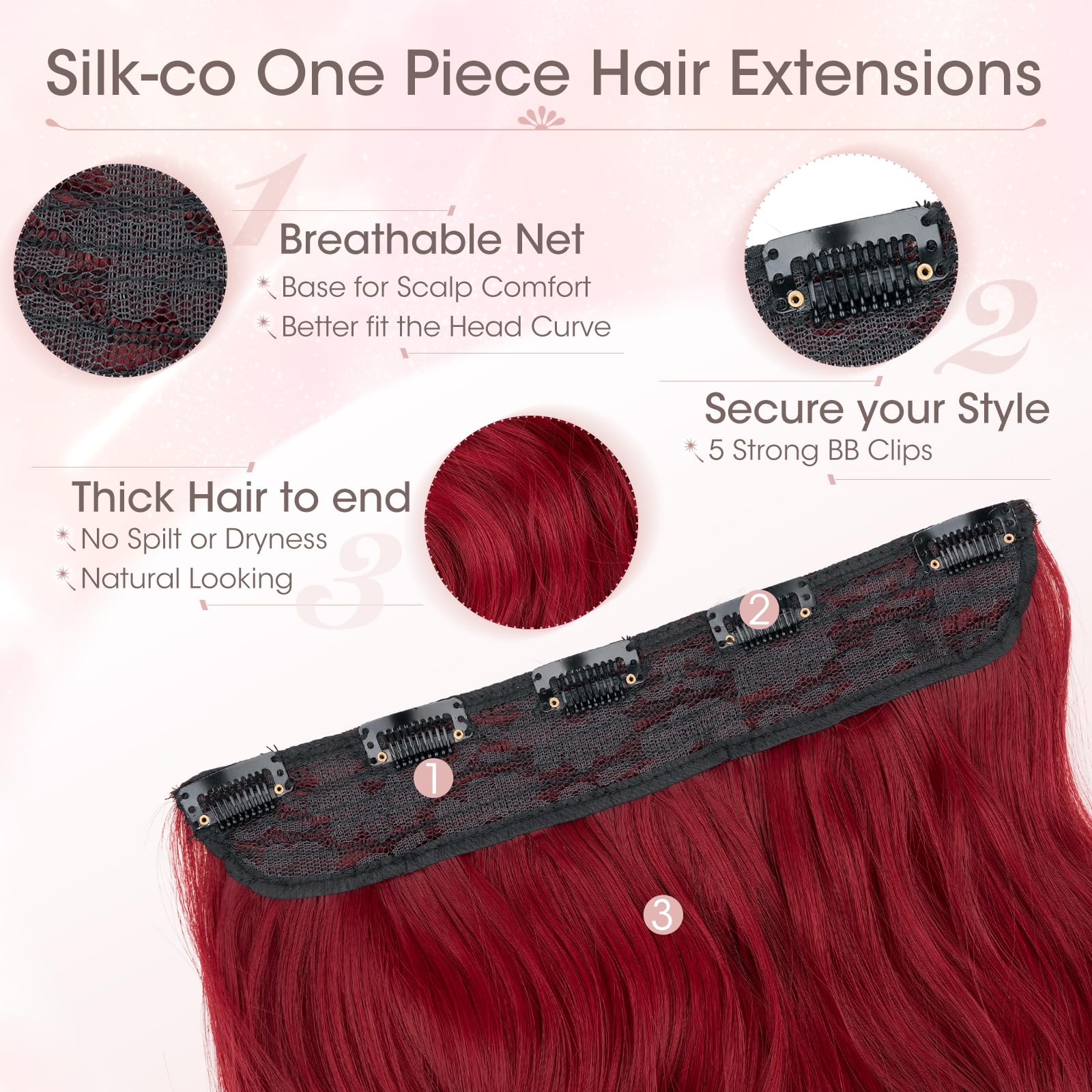 Silk-co One Piece Clip In Hair Extensions Curly 150g Hair Extensions Clip in Hairpieces 5 Clips Wavy Curly Synthetic 3/4 Half Full Head for Laides and Women 20 Inch(50 cm) Red - Image 3