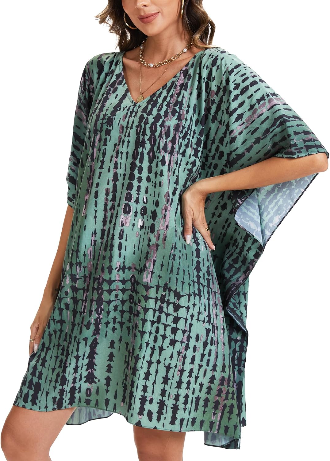 Moss Rose Beach Kaftan Dresses for Women V Neck Summer Swimsuit Cover up Beach Vacation Clothing