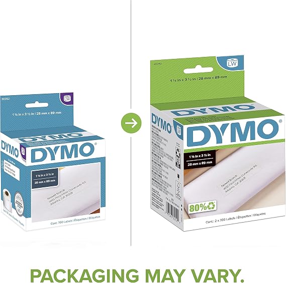 DYMO Authentic LW White Mailing Address Labels, For LabelWriter Label Printers, 1-1/8 x 3-1/2, 2 Rolls of 350 (700 Total)