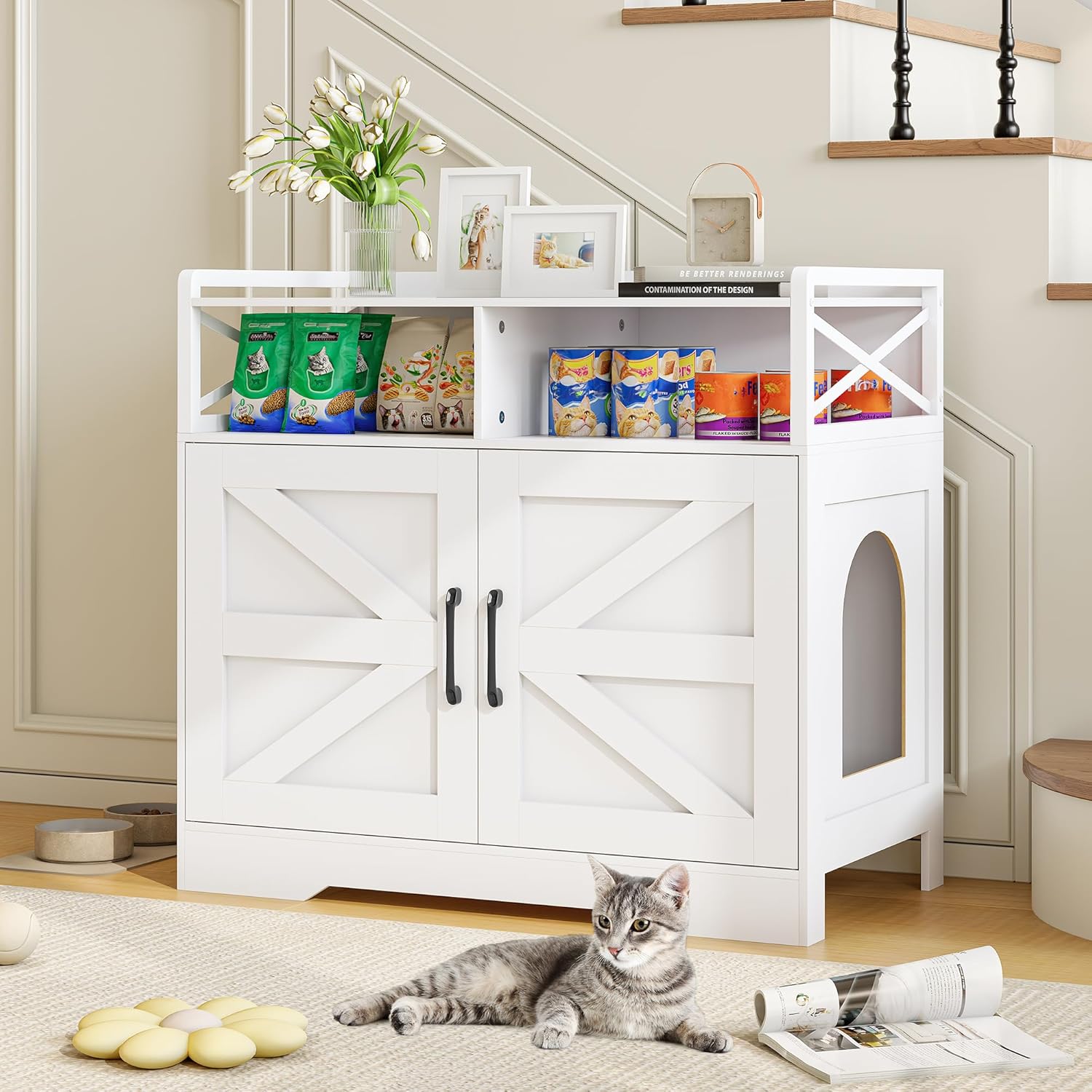 OtterOasis Cat Litter Box Enclosure, Ultra-Large Hidden Litter Box Furniture with Top Opening, Anti-Tipping Fence and 2 Open Drawers, Litter Box Cabinet End Table, White