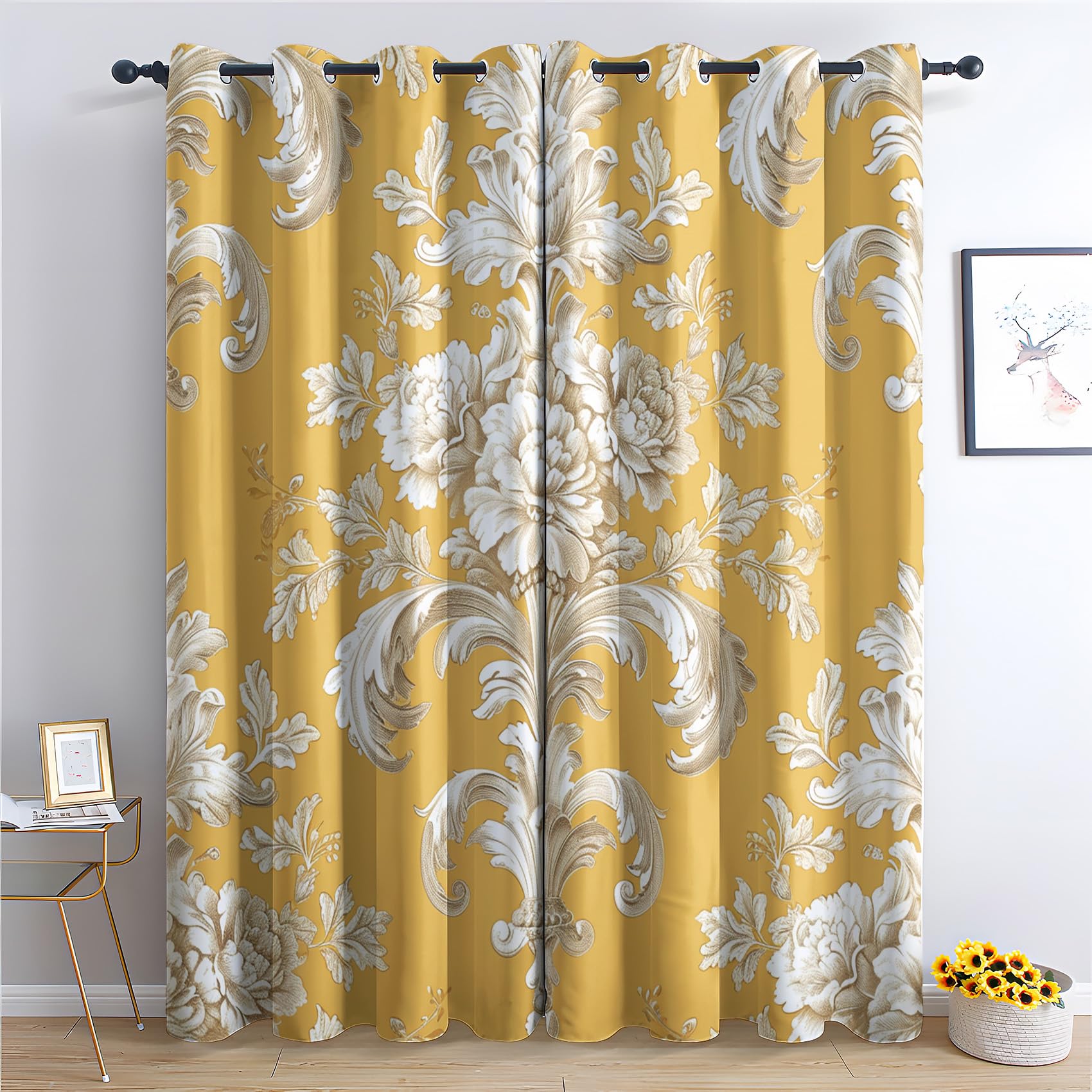 Rideaux Occultant Vintage Baroque, Rideau Isolant Thermique pour Salon Chambre, Rideaux Motif Ethnique Floral, Lot de 2 Rideaux Opaque à Oeillets 140x260cm LxH Q-E&6-295