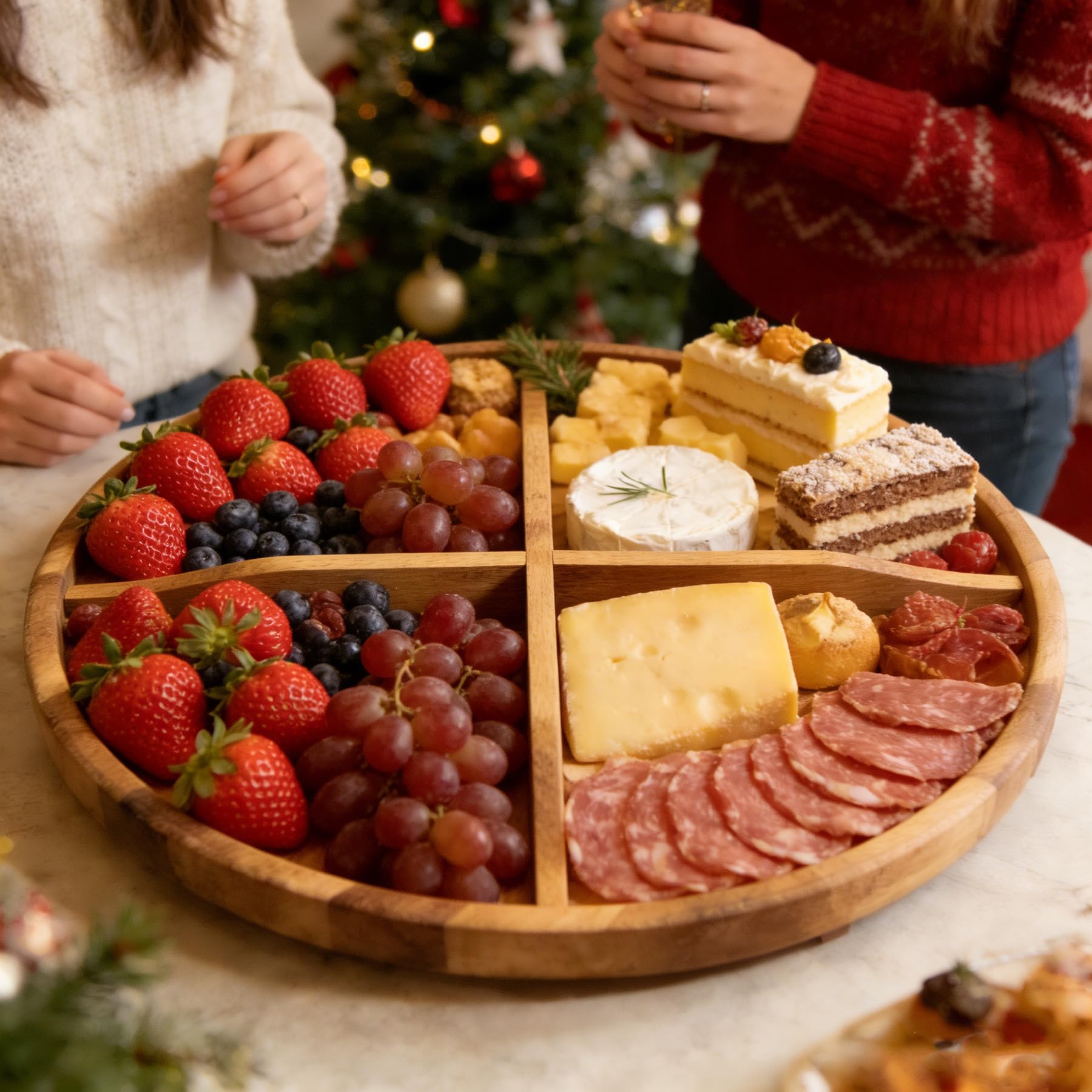 Utoplike Gran Bandeja Giratoria de Acacia para Mesa de 45 cm | Bandeja Redonda para Servir, Tabla de Embutidos con Borde Elevado y Separadores Extraíbles para Queso, Ideal para Fiestas