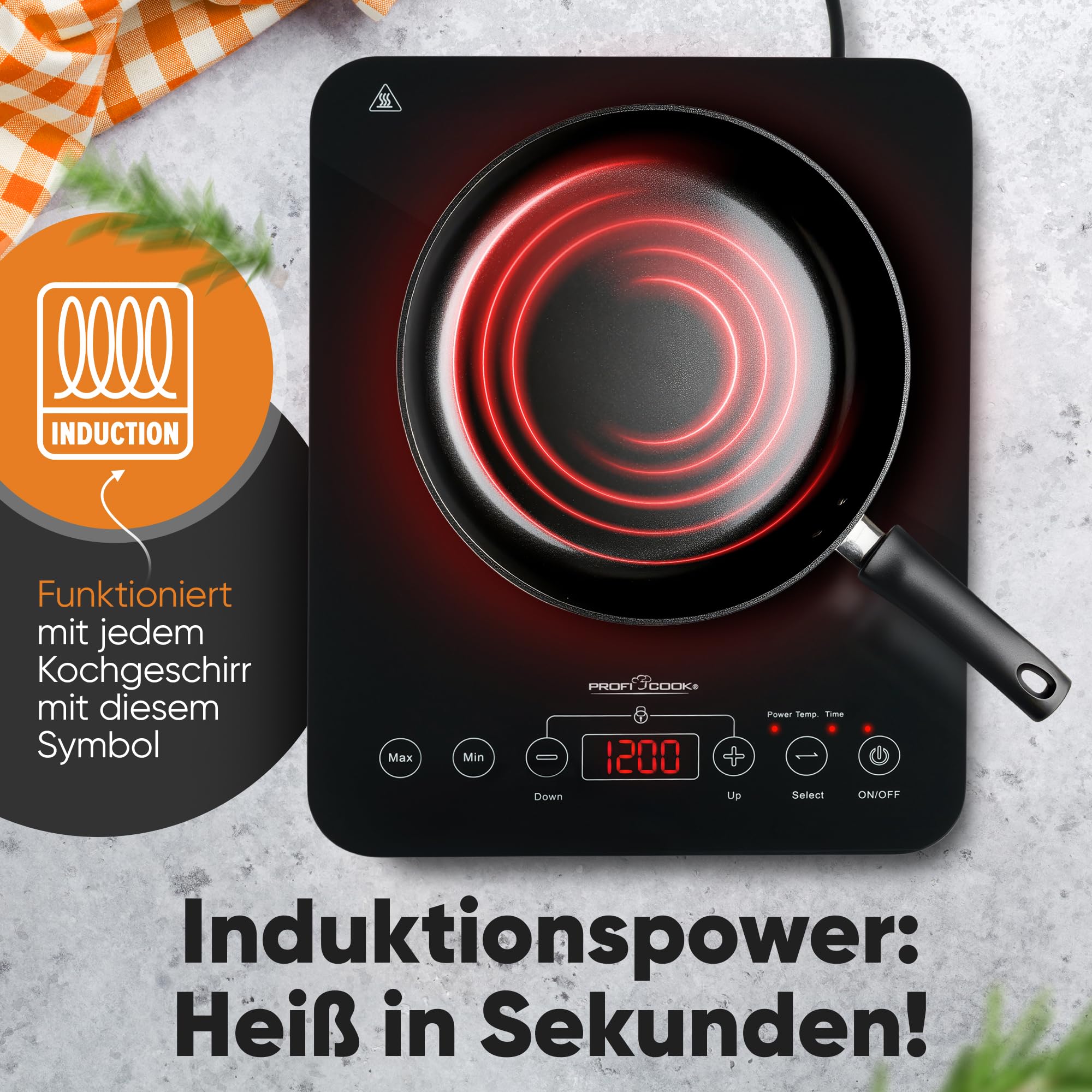 ProfiCook® Induktions-Einzelkochplatte | Schnelle Erhitzung durch Induktion | ECO-Save | Sensor Touch | Kochfeld mit 10 Leistungsstufen | Timer | Herdplatte mit Überhitzungsschutz | PC-EKI 1062