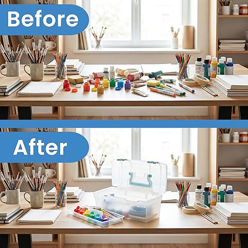Miniatura 5 de ArtBin 6937AG Essentials contenedor con bandeja extraíble, organizador portátil de arte y manualidades con asa y bandeja, transparente/aguamarina