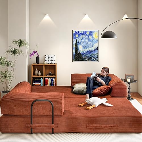 79" Convertible Sofa Bed, Boneless Corduroy Sleeper Foldable Modular Couch, Memory Foam Compressed Sofa in A Box, Folding Mattress Floor Couch for Small Space Living Room Apartment Bedroom, Orange