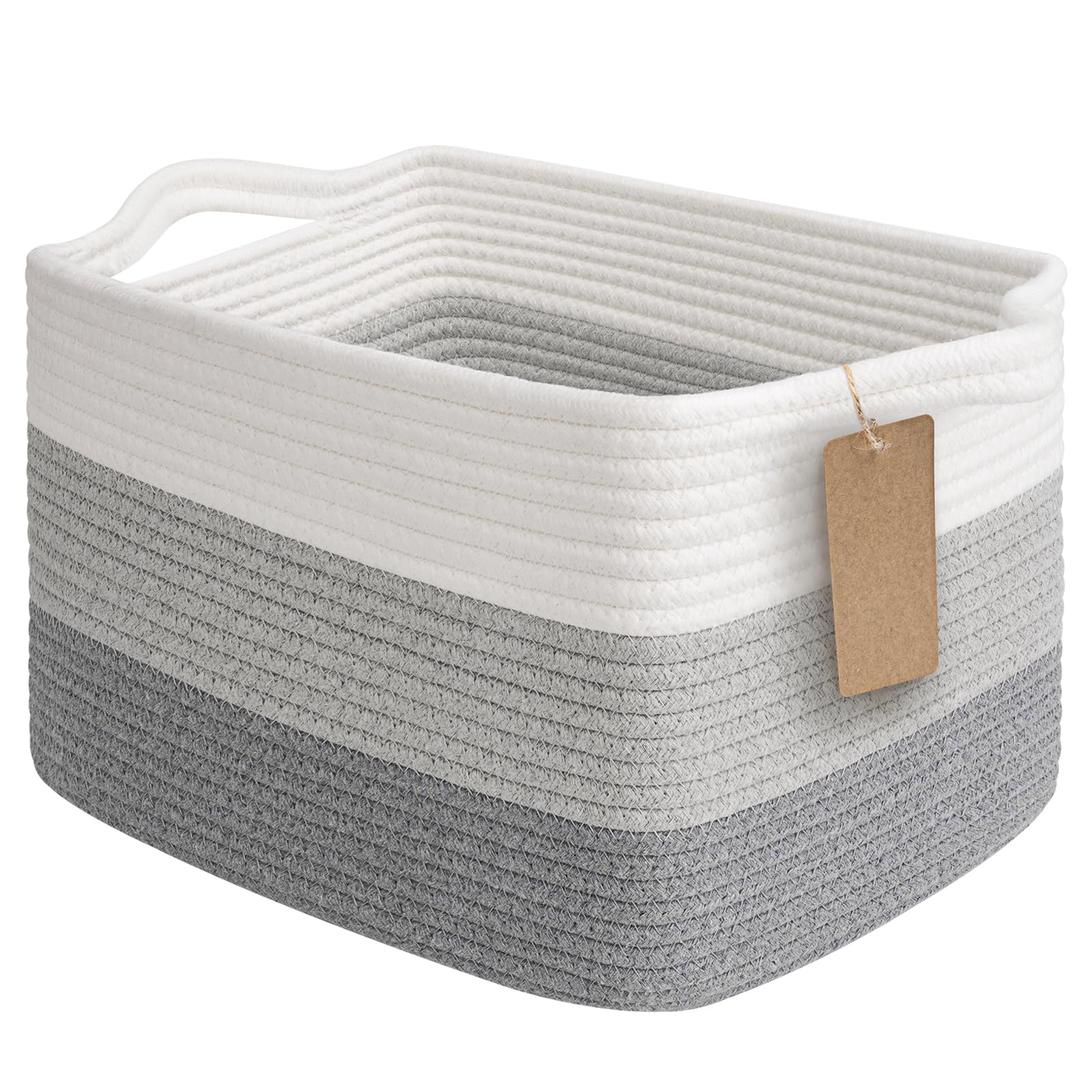 Timeyard White Grey Woven Storage Basket, Cotton Rope Baby Laundry Basket For Toy Storage, Rectangle Stylish Gift Baskets With Handles, Decorative Clothes Organizer For Bedroom, 33 X 25.4 X 22.9 Cm