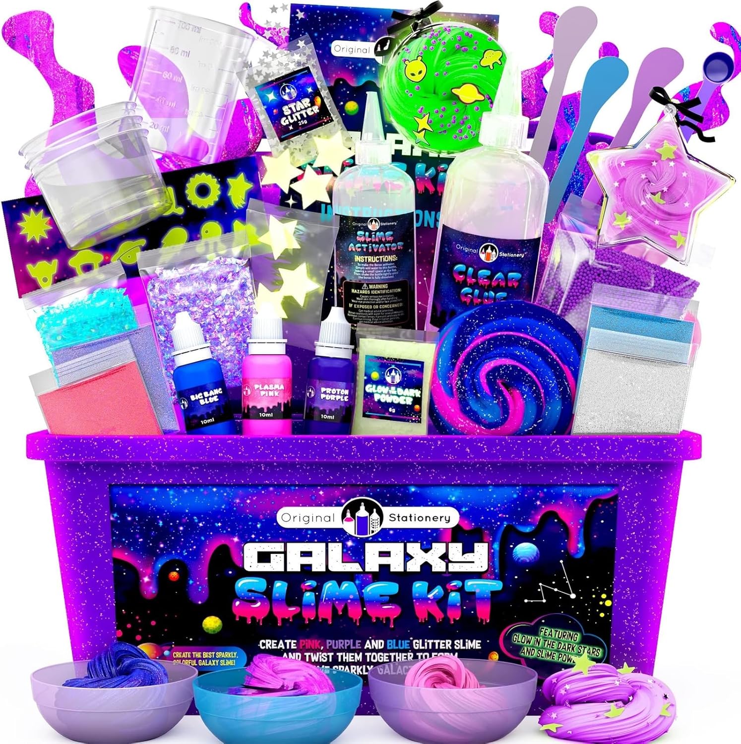Original Stationery Galaxy Slime Kit for Kids Ages 8–12, DIY Space Slime Set with Glow-in-The-Dark Stickers & Galactic Glitter, Fun Cosmic Craft for Creative Play, Easter Gift for Boys & Girls