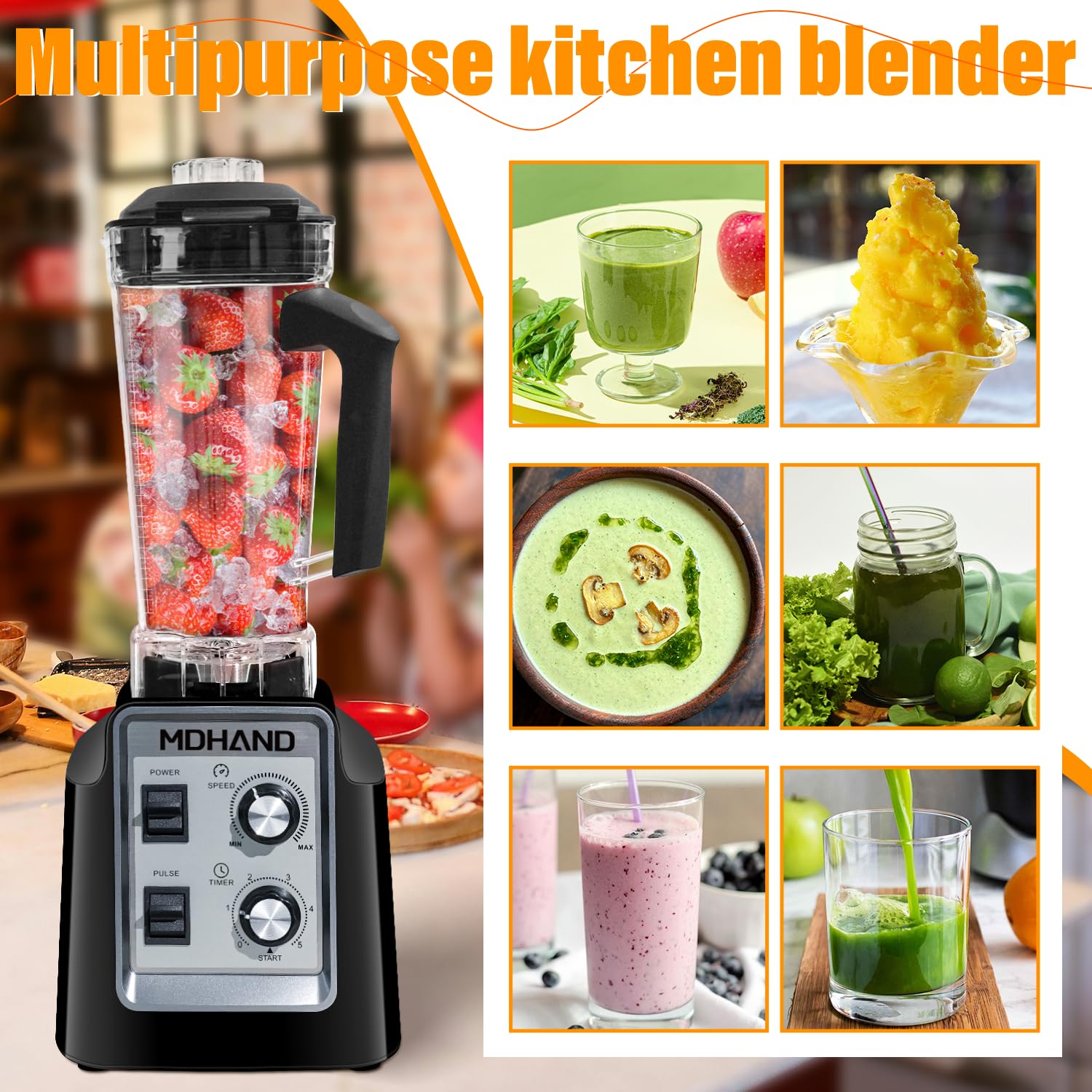 MDHAND 1400W Professional Blender for Kitchen, Smoothie Blender with 68 Oz Pitcher & Two 18-Oz Cups, Compact Countertop Blenders for Smoothies, Frozen Drinks, Ice Crushing