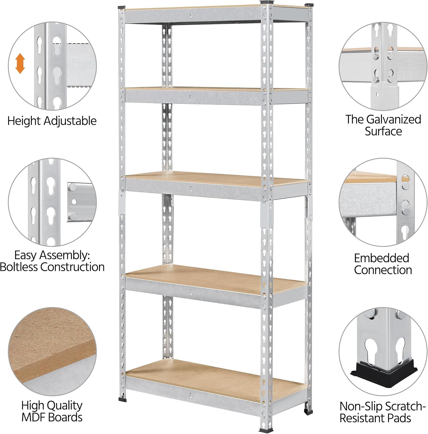Diagram showing various features of the shelving unit including height adjustment, galvanized surface, boltless construction, embedded connection, high-quality MDF boards, and non-slip scratch-resistant pads.