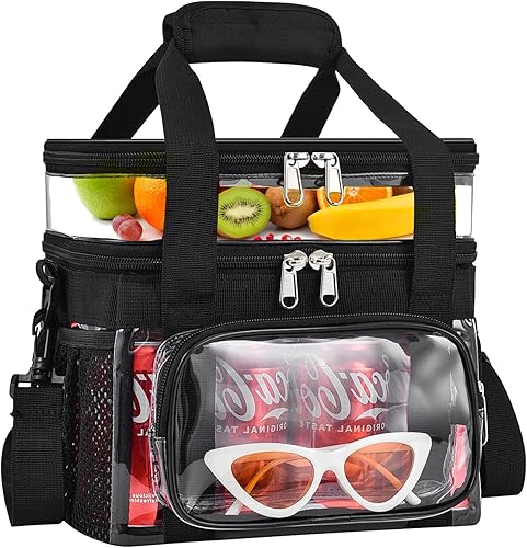 Bolsa de almuerzo transparente de doble cubierta para el trabajo, bolsa de almuerzo transparente con correa ajustable para el hombro y compartimento
