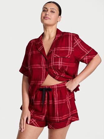 Victoria's Secret Women's Flannel Pajama Set, Short Sleeve Button Down Shirt & Shorts
