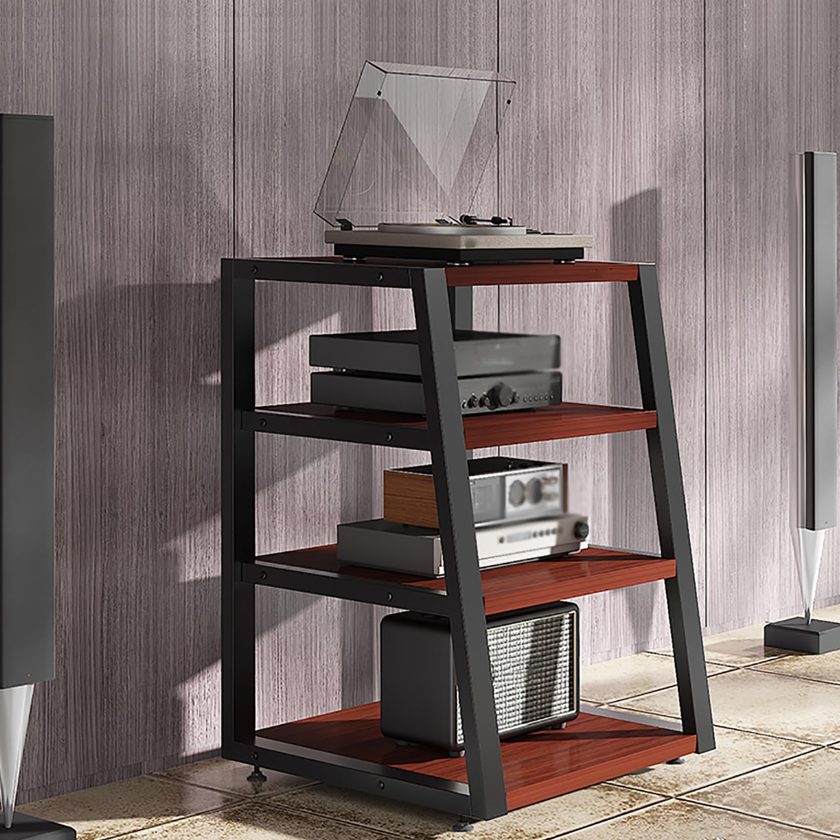 Mobile Ste Rac, MaTower, Rack AV a 2/3/4 Ripiani, Rack per Videogiochi, Porta Dvd, Porta TV, con ripiano angolare, Adatto per Soggiorno, Studio di Registrazione (Teak, 60x52x82cm)