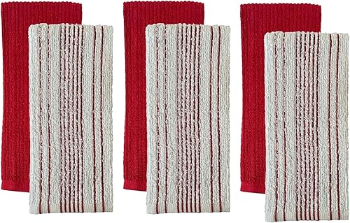 Petal Cliff Juego de 6 toallas de cocina de algodón de alta calidad, 3 rayas verticales y 3 toallas de cocina sólidas de 425 GSM, suaves y altamente