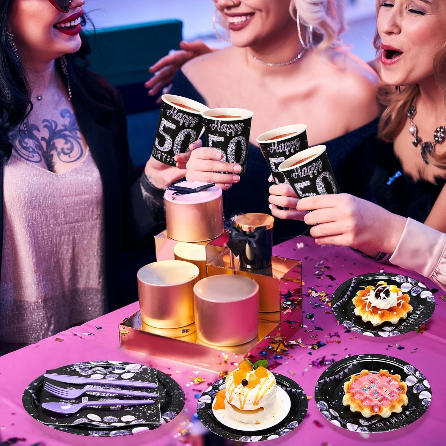 Pickmesh 400 Pcs 50th Birthday Party Supplies Purple Black Happy 50th Birthday Decorations Include Disposable Paper Plates Napkins Cups Cutlery for Men Women Party Decorations Serve 50