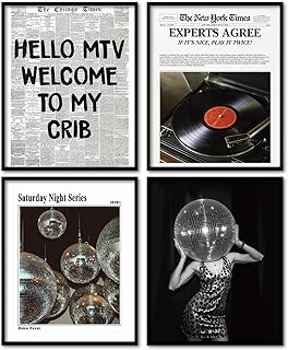 KDHTY Vintage 70s Disco Ball Newspaper Prints Wall Art,Retro Room Cheetah Print Decor,Trendy Black And White Newspaper Wall Art,Record Player Poster for Room Aesthetic,Vintage Decor for College Apartment 8x10 Unframed 4 Pcs
