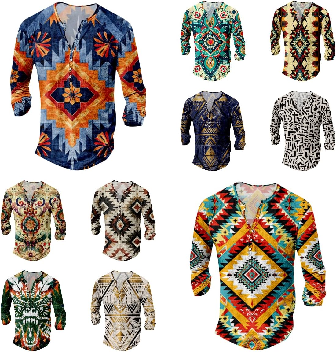 Mens Henley Shirts Aztec 3D Printed Retro Long Sleeve Shirts Novelty Casual Button Crewneck Vintage Tee Shirts - Image 5