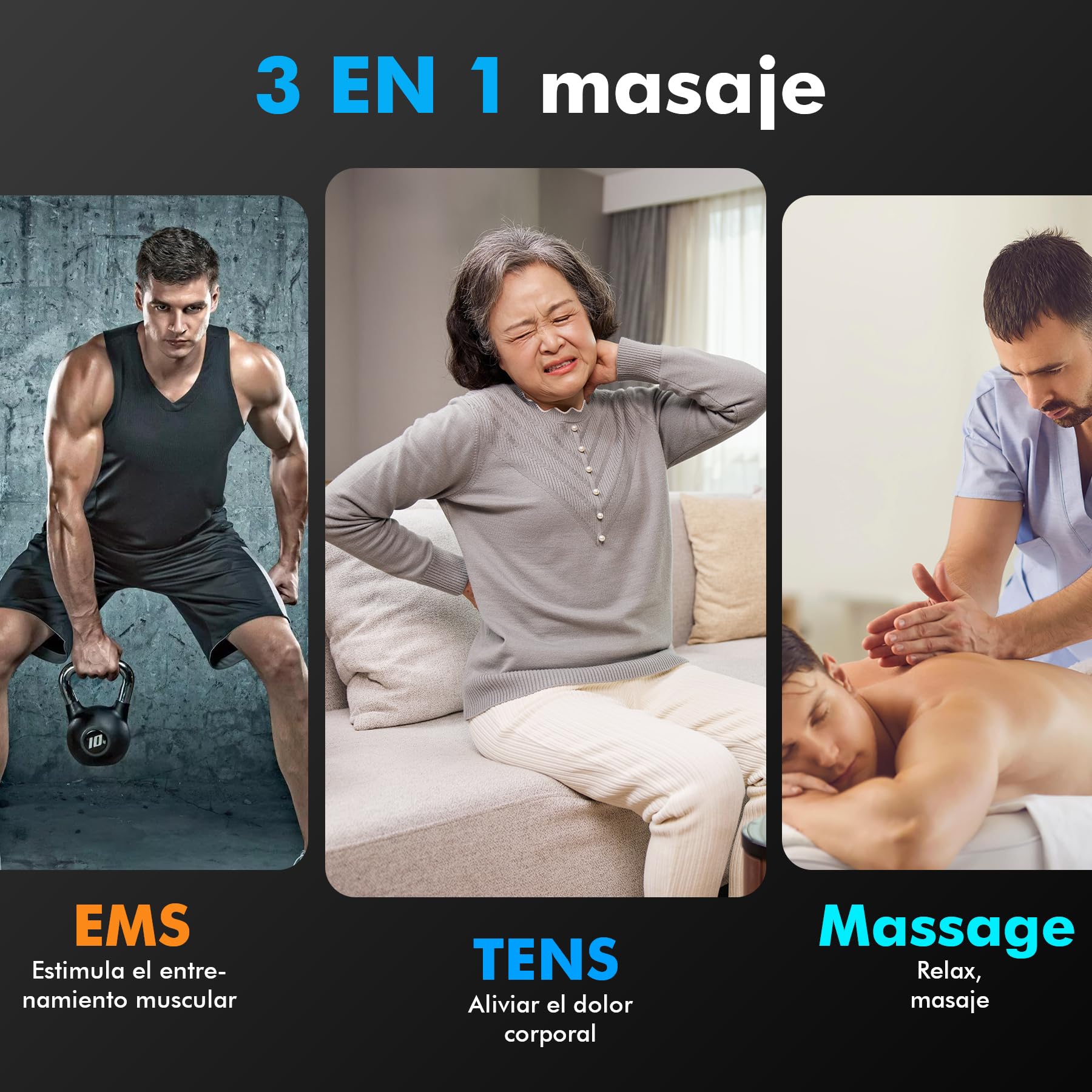 Electroestimulador Muscular, 3 en 1 TENS/EMS/Massage Electroestimulador | Estimulador Muscular Electrico, 27 Modos y 30 Intensidades, 2 Canales, 8 Electrodos