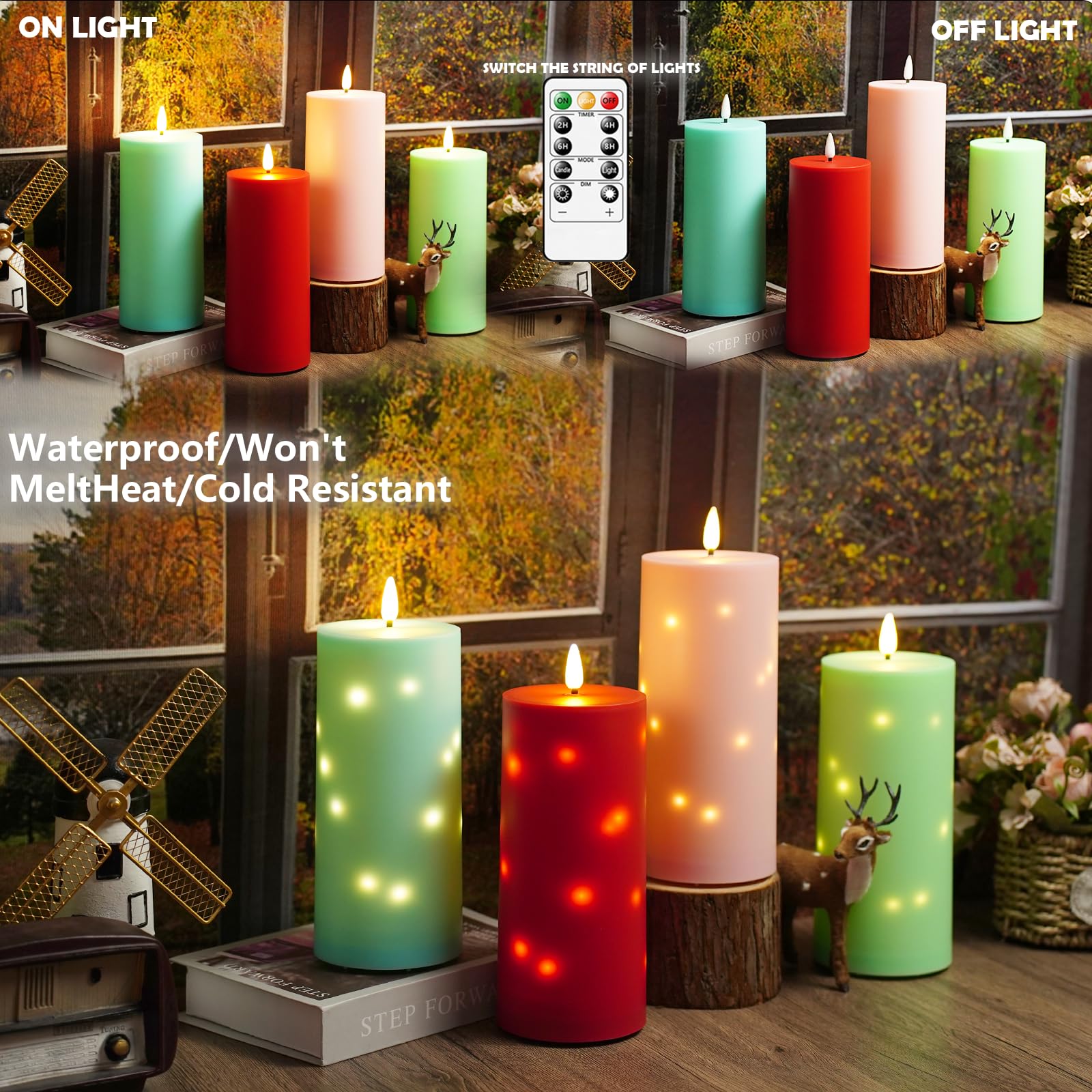 kakoya Lot de 2 grandes bougies piliers à LED étanches sans flamme vacillante avec minuteur - Fonctionne à piles avec guirlande d'étoiles intégrée pour lanternes d'extérieur, porche, terrasse - 25,4 x