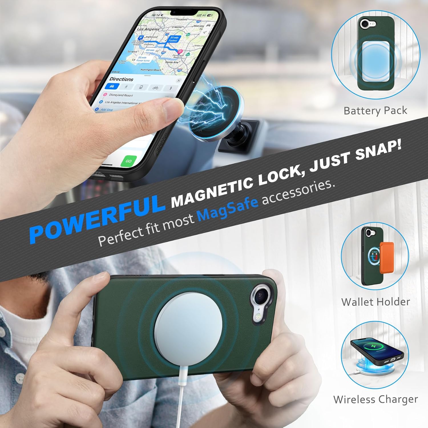 SHIELDON 2-in-1 Case Wallet for iPhone 17e 5G 6.1" 2026 | Genuine Leather, Detachable, Flip Magnetic Closure, Wireless Charging, RFID Blocking Card Slot, Kickstand, Shock Absorbing Cover - Evergreen