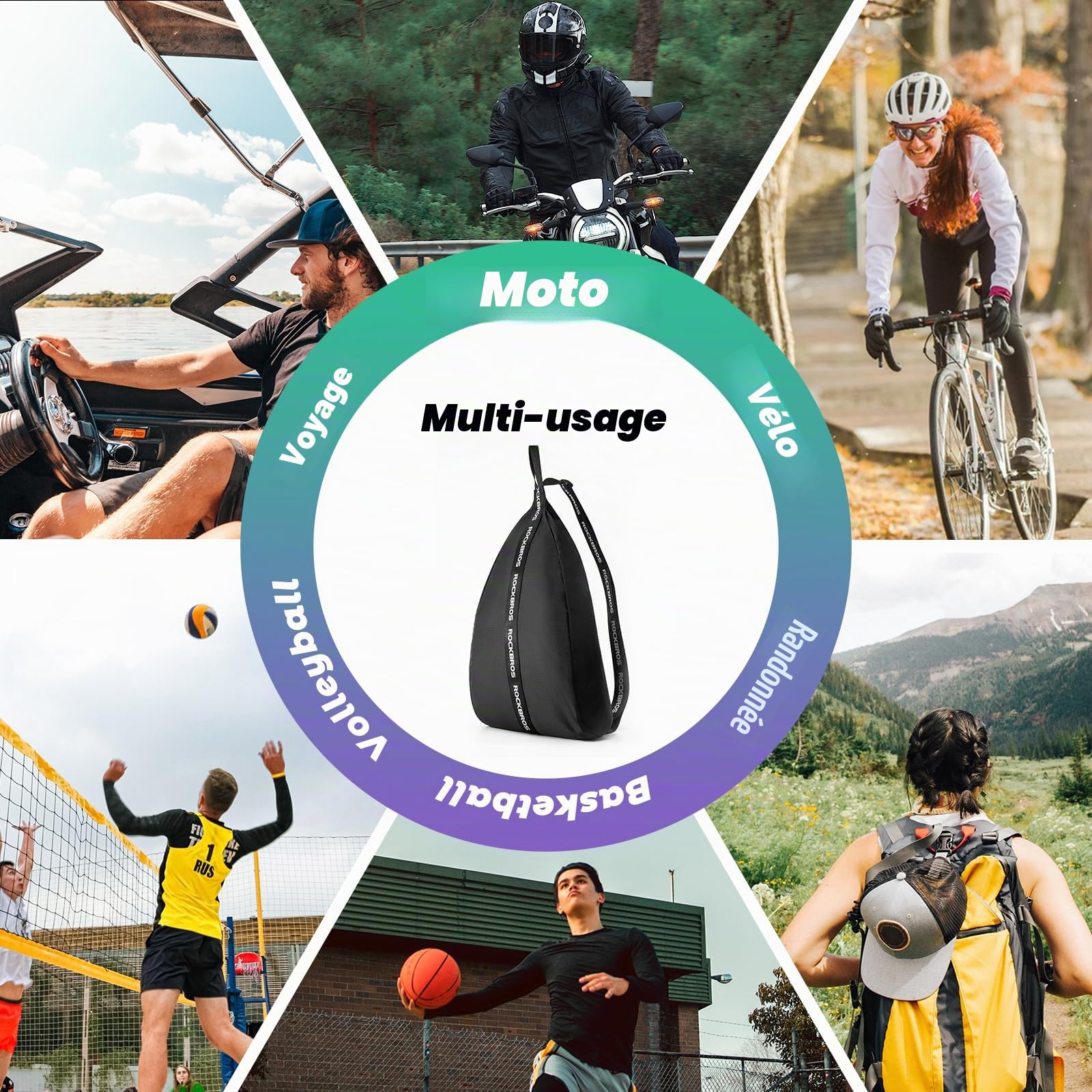 ROCKBROS Sac de Casque de Moto 15L Sac à Bandoulière Portable Sangle Épaule Réglable 63-105cm Porte Casque Crochet Poche Filet Intégré Logo Réfléchissant pour Casque de Moto Vélo Basketball Noir | Sac à dos de casque 15 l réfléchissant portable pour casqu