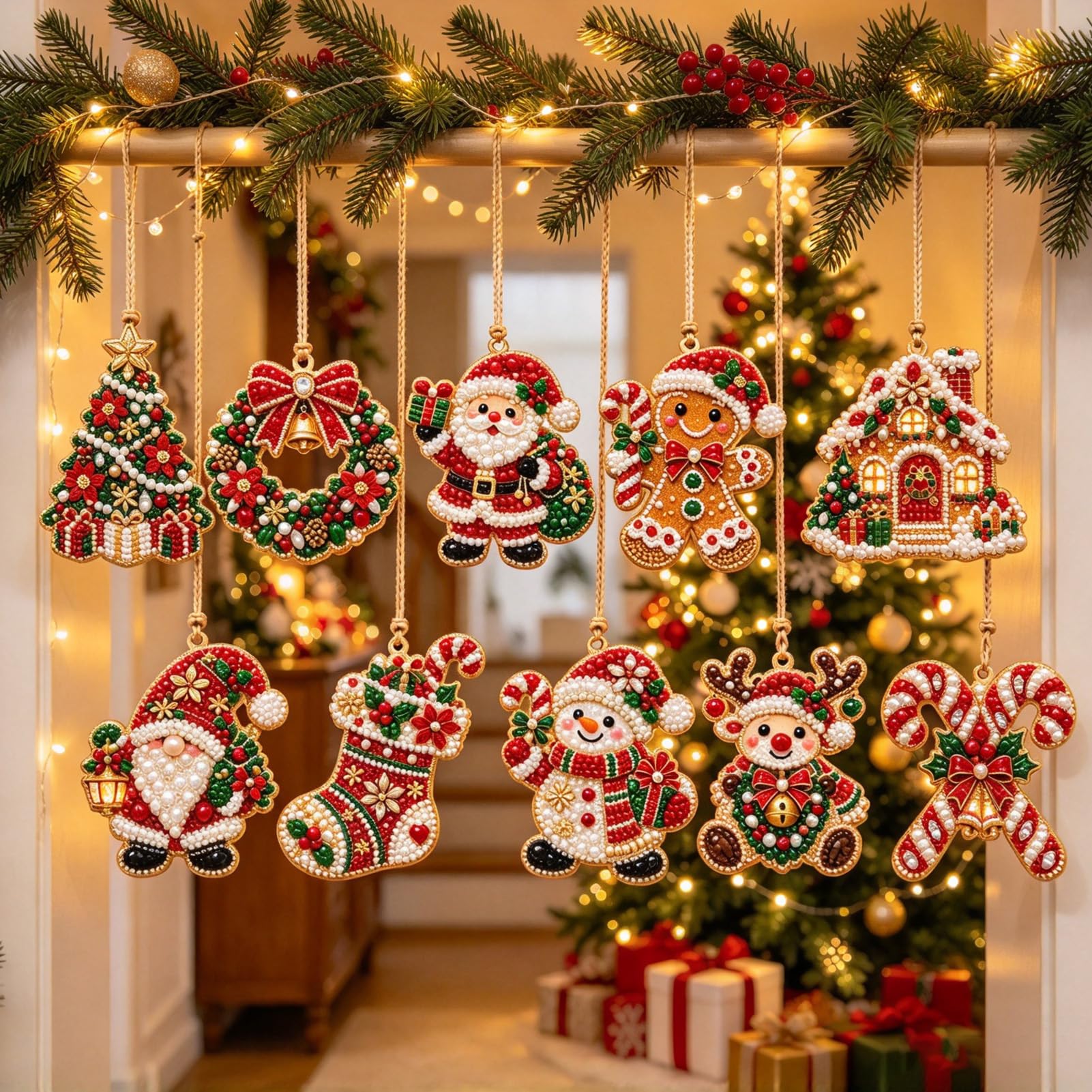 10 Pack Christmas Wooden 3D Pearl Diamond Painting Art Kit, Hanging Decor