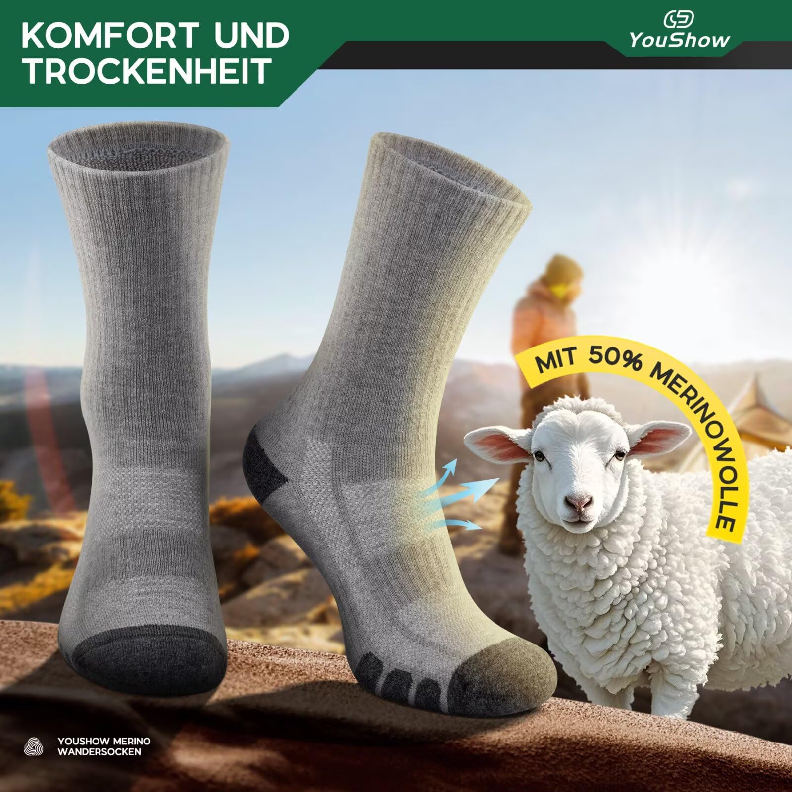 YouShow Merino Wandersocken Herren Damen Gepolstert Anti-Blasen Thermo Outdoor Trekking Socken 50% Merinowolle Socken Unisex 3 Paar Grau 39-42 - Image 4