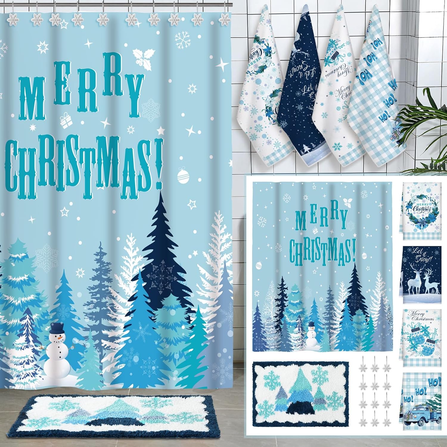 Fourluoo 18 Pcs Fabric Shower Curtain Set with 12 Decorative Shower Curtain Hooks Bathroom Towels Non Slip Absorbent Microfiber Rug for Modern Aesthetic Bathroom(Fresh Color,Christmas)