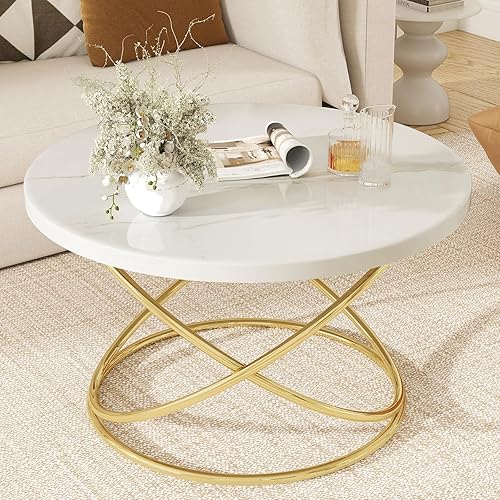 Miniatura 5 de BECHAEO Mesa auxiliar redonda para sala de estar, 31.5 pulgadas, exquisitas mesas de café de mármol sintético con marco dorado, mesa central moderna
