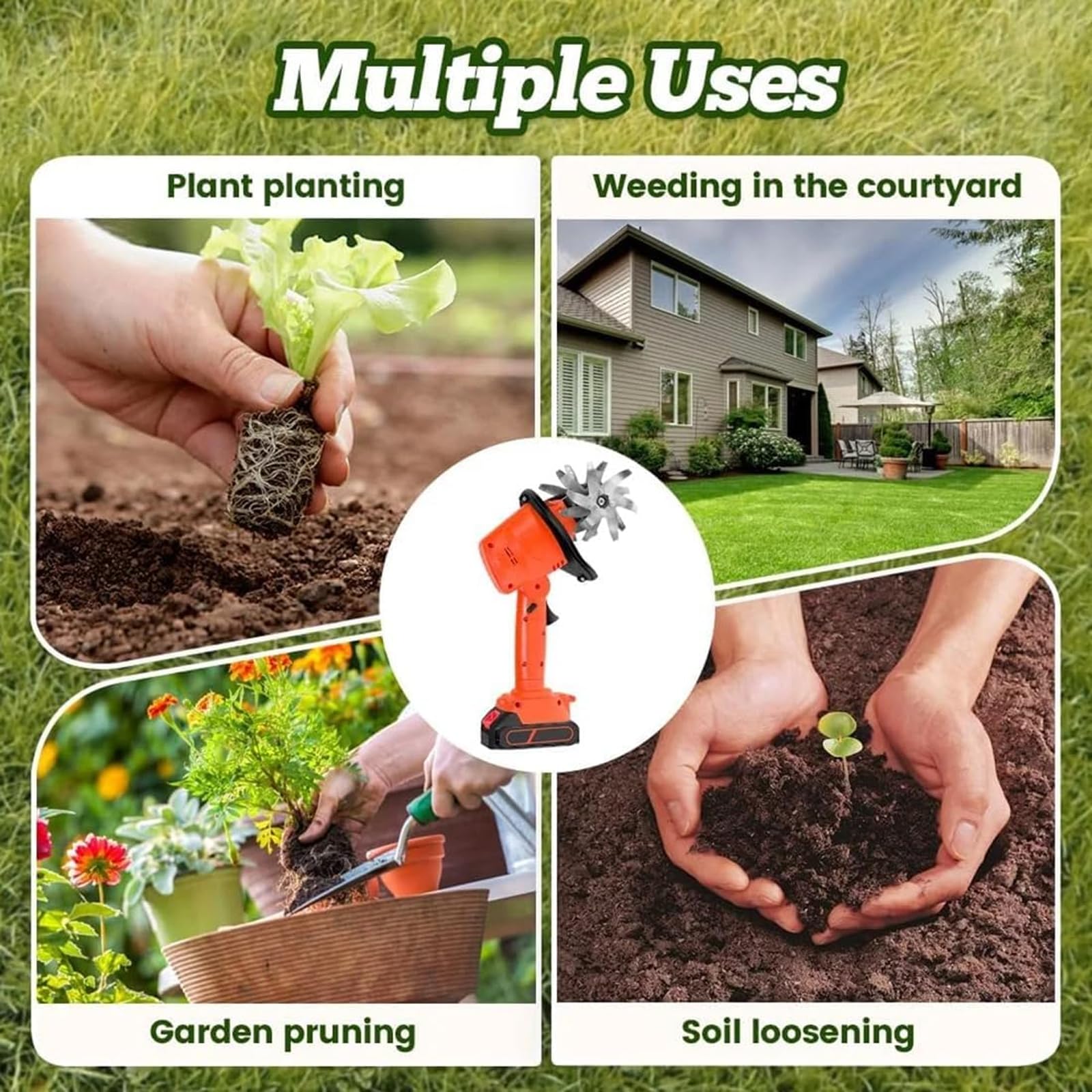 Motoazada Inalámbrica 21V para Jardinería, Cultivador Eléctrico 235 RPM con 2 Baterías Y Cargador, Ancho 13 Cm, Profundidad 10 Cm (B)
