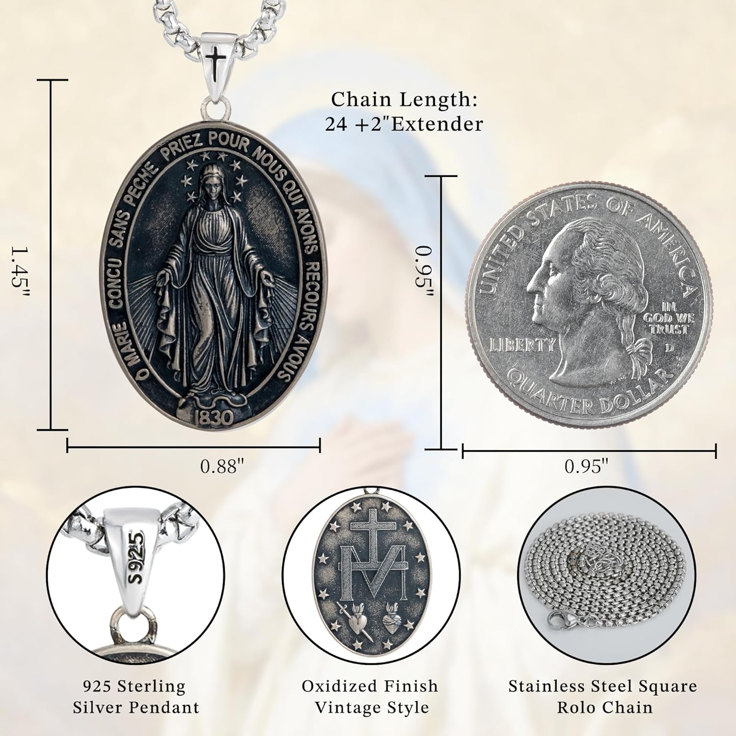 Sterling Silver Catholic Religious Medal Set Pendant Combo: Seal of Seven Archangels, Saint Benedict Medal, Virgin Mary Medal & Saint Michael Protective Charm