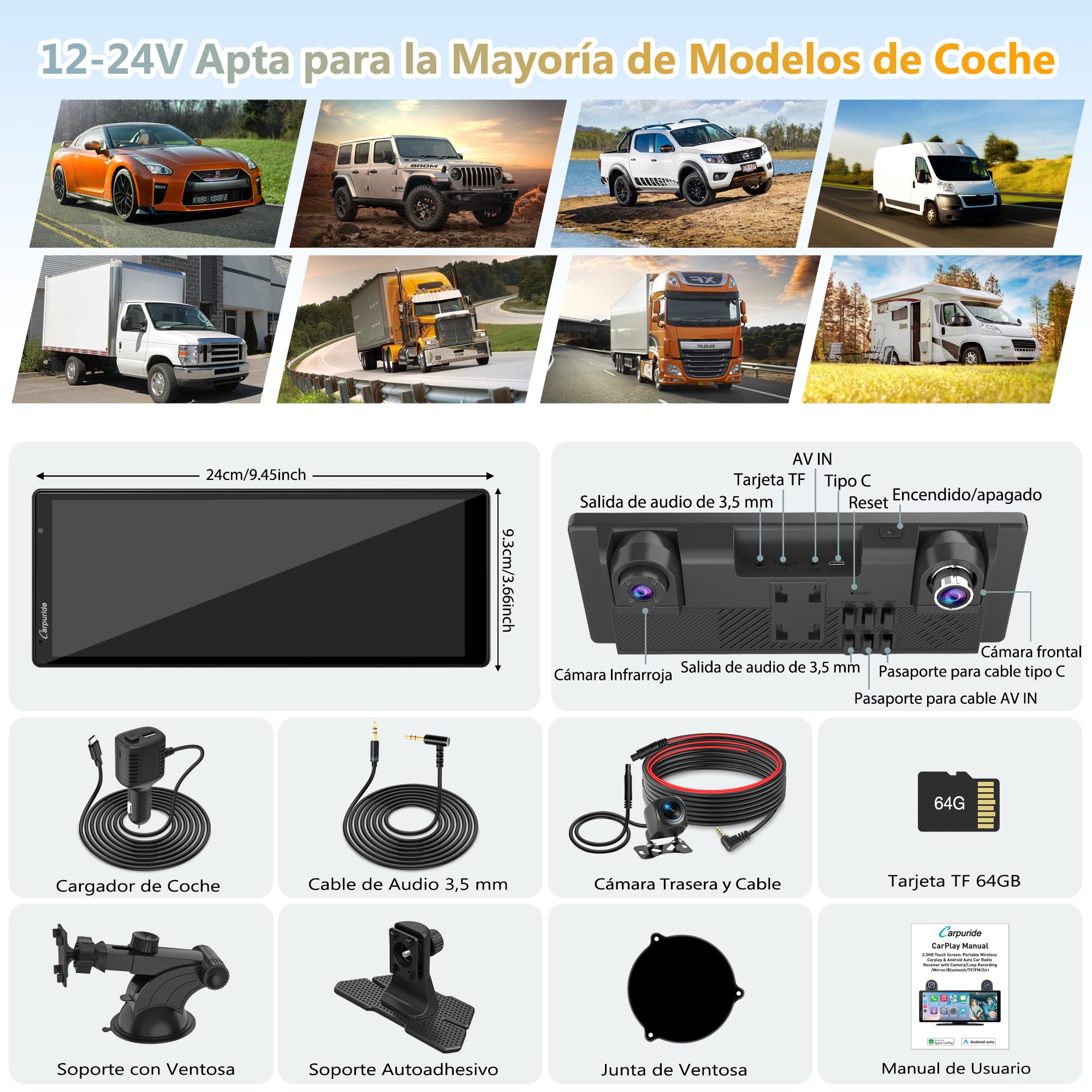 CARPURIDE W903S Pantalla con CarPlay y Android Auto y Dash CAM de 3 Canales | IPS HD de 9,3", Cám Frontal 4K, Cám Trasera 1080P,Cám Infrarroja 1080P, Grabación en Bucle, GPS, Bluetooth, Siri, Mirror Link