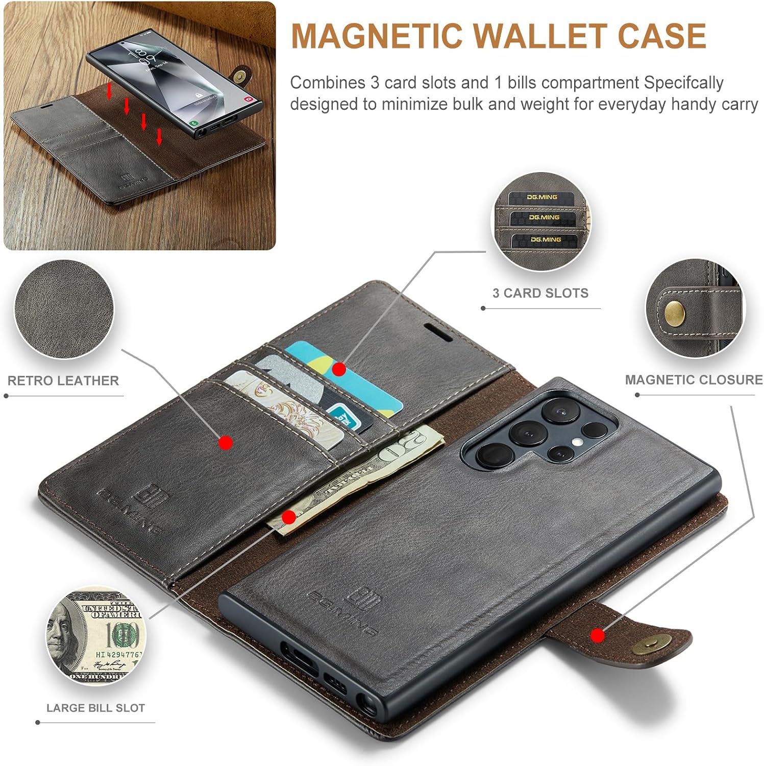 Detachable 2 in 1 Split Magnetic Flip Folio Wallet Case Compatible with Samsung Galaxy S24 Ultra Genuine Leather Phone Case with Card Holder Slots Kickstand Shockproof Cover(Grey)