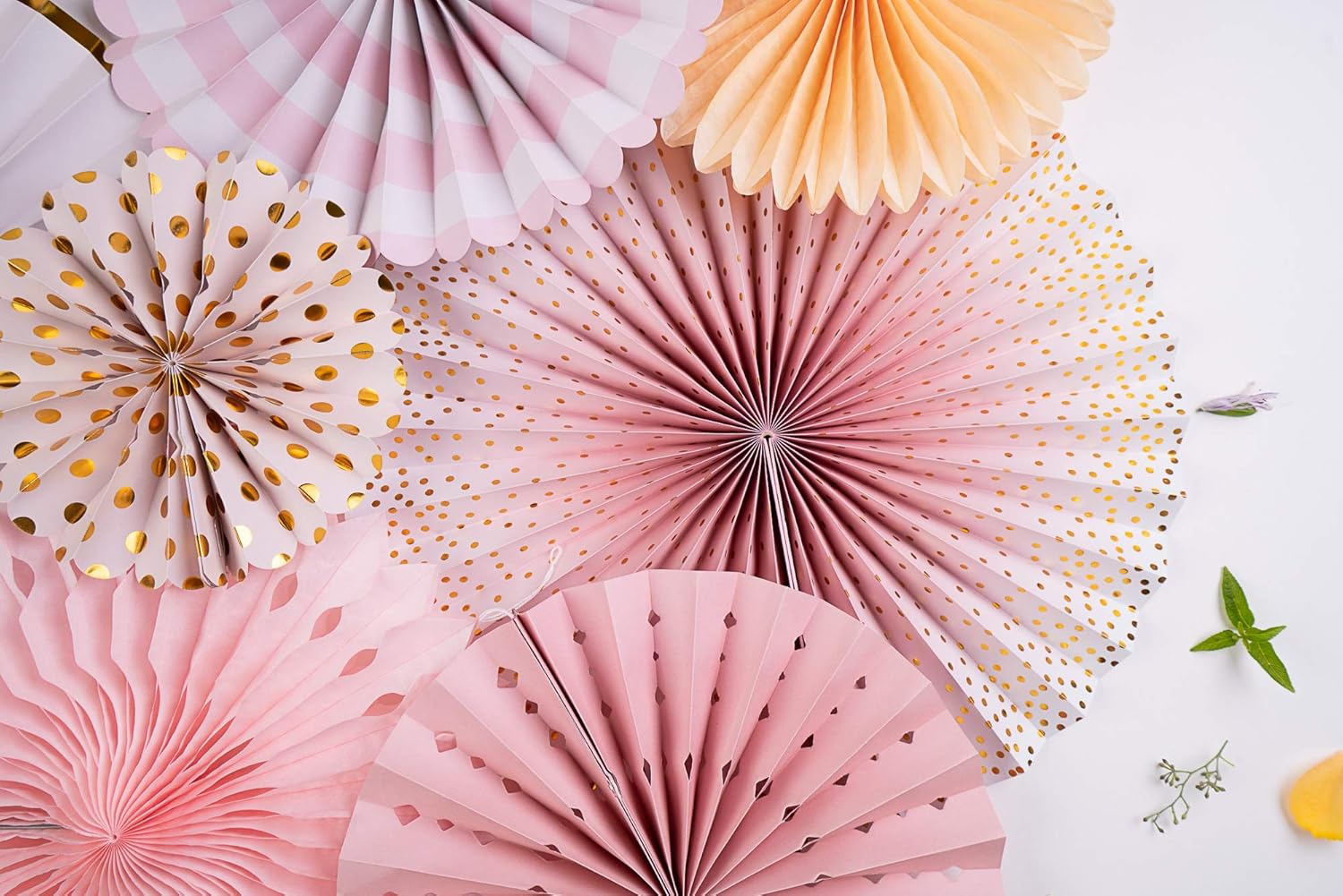 PapaKit 8-Piece Origami Paper Fan Set – Sparkling Pink Rose Blush & Gold Metallic Accents – Reusable Hanging Pinwheel Wall Backdrop for Girls Birthday, Baby Shower, Wedding, Bridal Shower & Boho Party Decorations