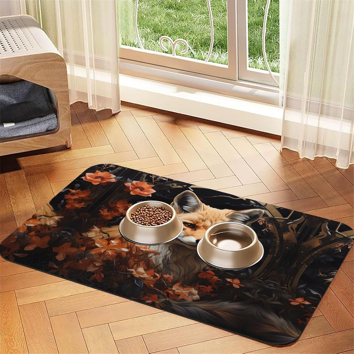30x45cm Fox and Flowers Print Pet Absorbent Feeding Mat - Quick Dry Food Pad/Leather Placemat, for Dog Cat Food Bowl Water