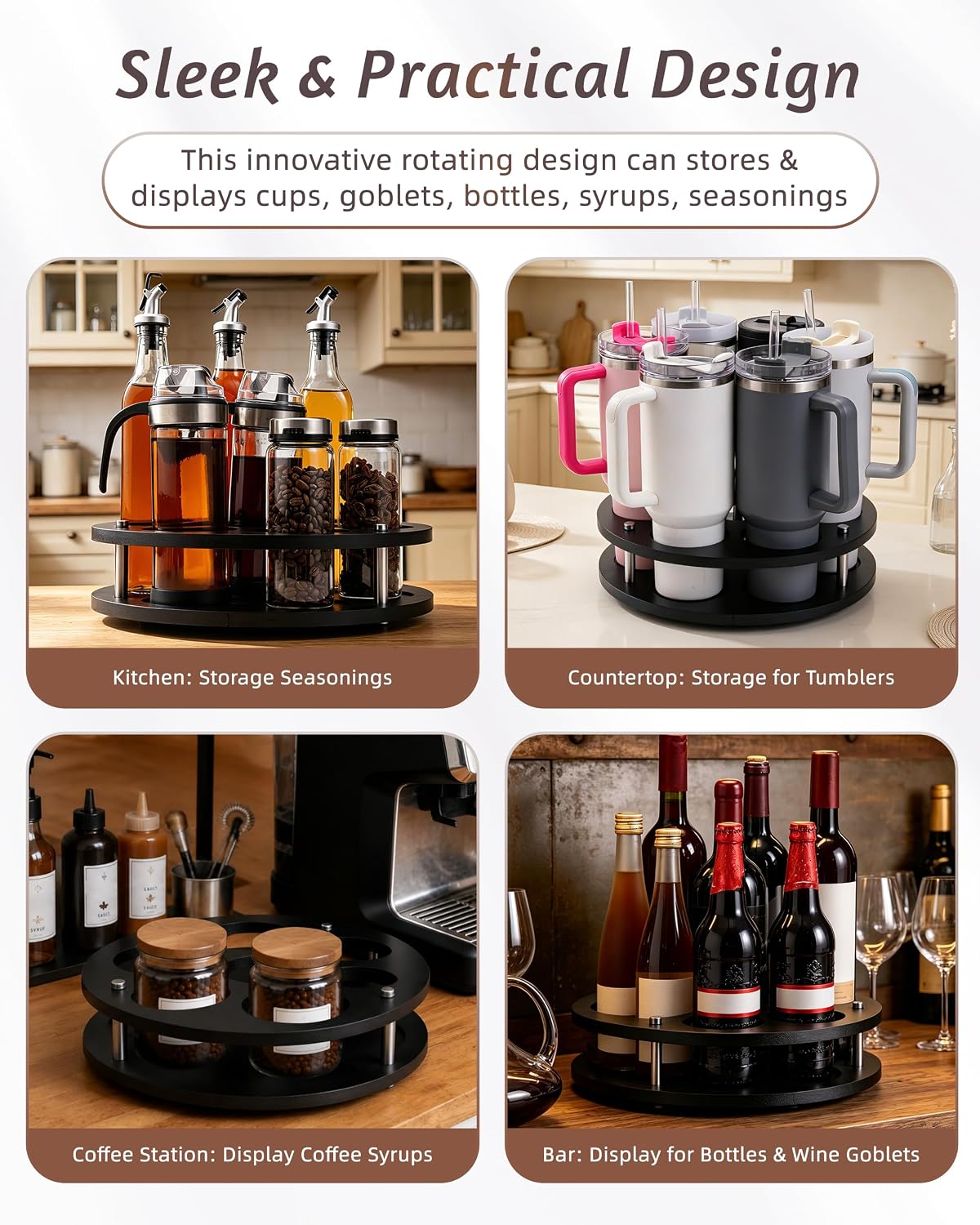 Rotating Wood Tumbler Organizer, 30 oz 40 oz Spinning Turnable Tumblers Holder, 360° Rotatable 7 Large Cups Bottle Tumbler Storage Display Stand, Rotate Syrup Organizer for Cabinet Countertop（Black）