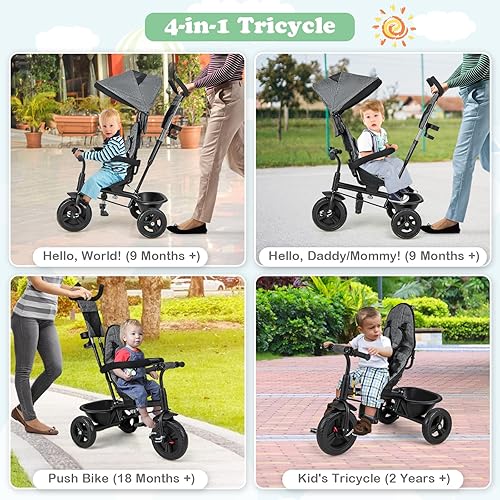 Miniatura 4 de HONEY JOY Triciclo, cochecito triciclo para niños con asa de empuje ajustable y toldo, asiento reversible, cinturón de seguridad, pedal plegable,