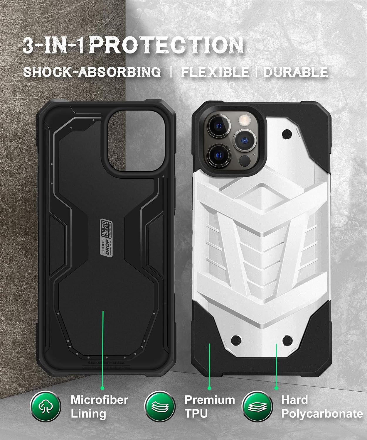 MOBOSI Pavis Armor Case Compatible with iPhone 12 Pro Max, Rugged Military Grade Drop Protection, Heavy Duty Shockproof Protective Cell Phone Cover 6.7 Inch, White