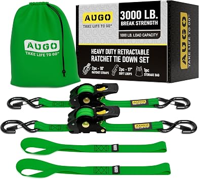 AUGO Retractable Ratchet Straps | 2 Heavy Duty Ratchet Straps Self Retractable Tie Downs with Soft Loops & Storage Bag for Motorcycle, Truck, Trailer, Cargo Van | 3000 Lb Break Strength 2 x 10