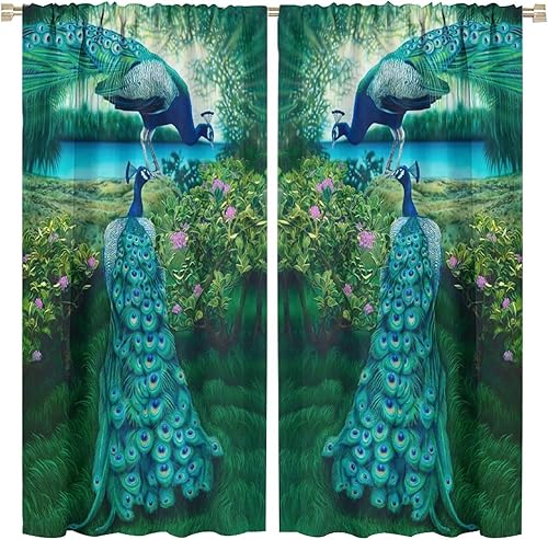 Miniatura 82 de Cortina opaca con estampado de pavo real, con estampado de animales retro, con bolsillo para cortinero y flores de peonía doradas, para dormitorio,