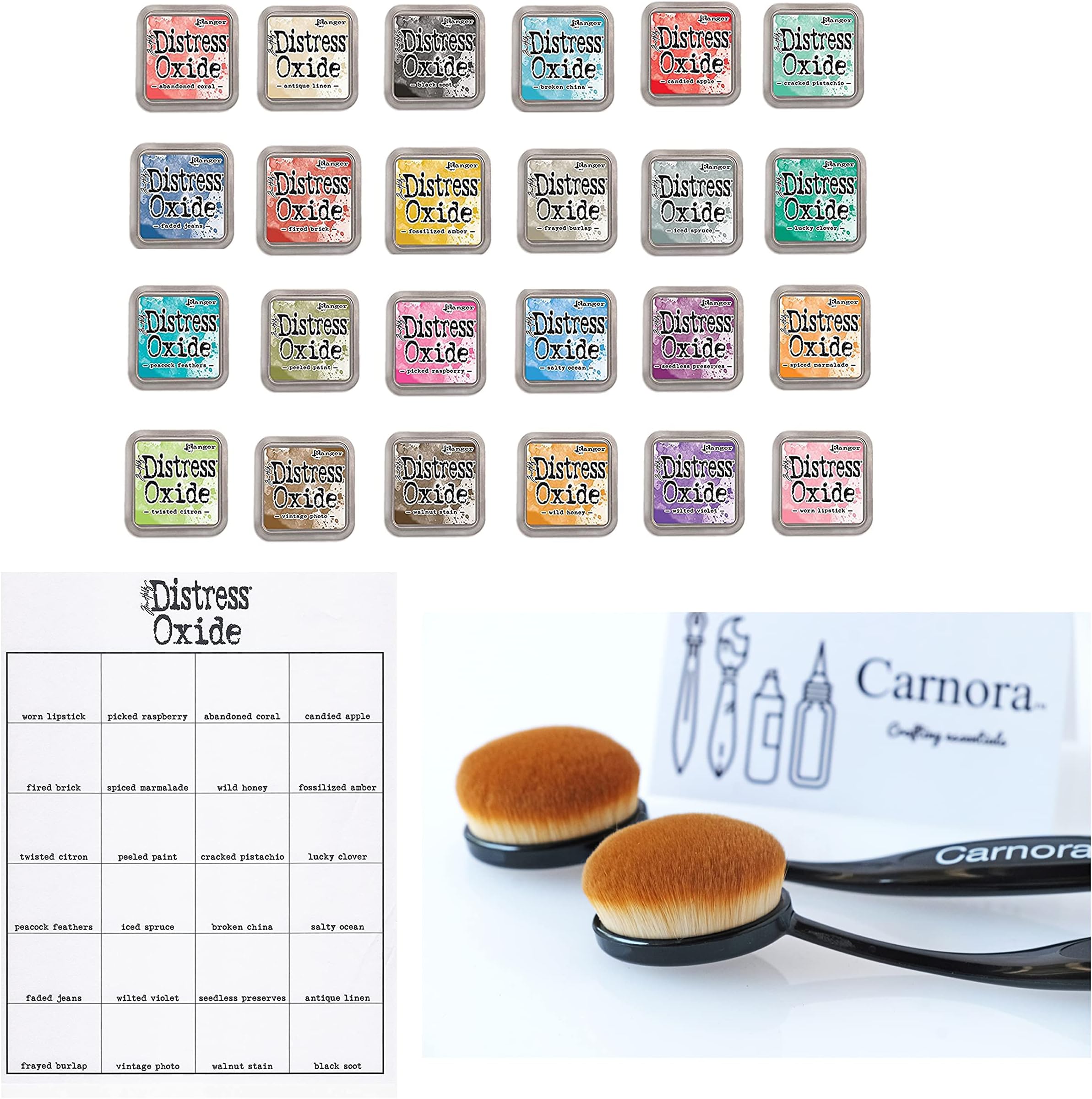 Tim Holtz and Ranger Distress Oxide Inks - Complete Set of 24 3x3 Pads, 2 Carnora Blending Brushes and Bonus Color Chart