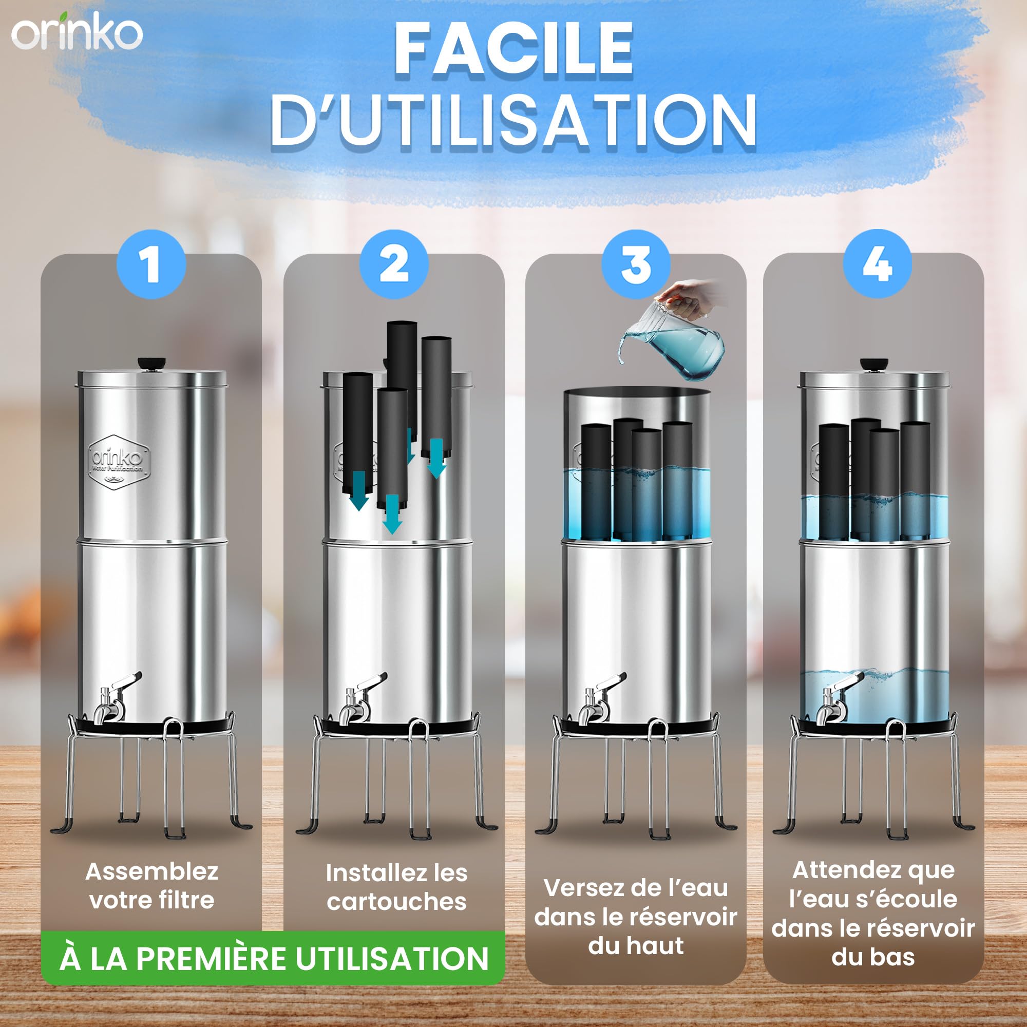 ORINKO Filtre à Eau par Gravité 8,5 L 4 Cartouches Charbon Actif Purificateur d'Eau Fontaine Filtrante