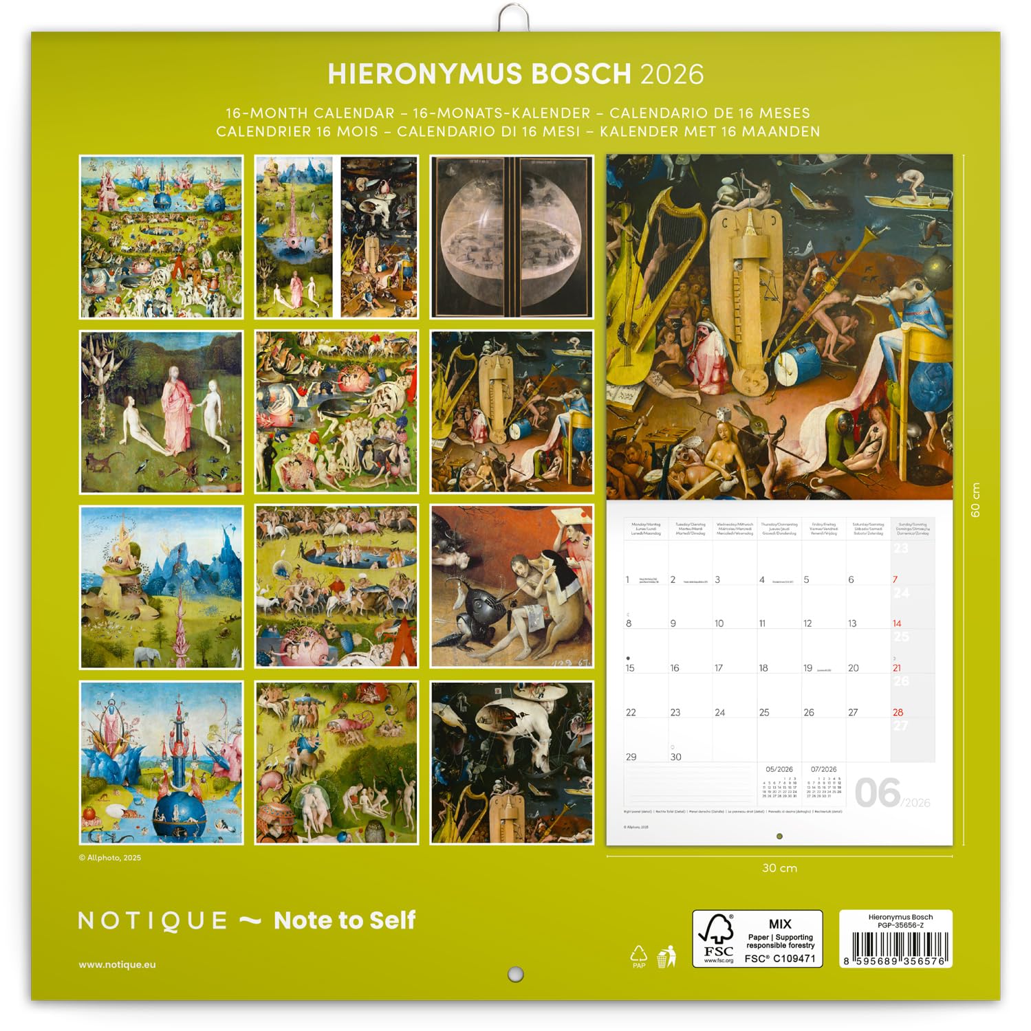 NOTIQUE Kalendarz ścienny 2026 Hieronymus Bosch Kalendarz, kalendarz broszurowy z kalendarzem miesięcznym, kalendarz broszurowy 30 x 30 cm (30x60 otwarty)